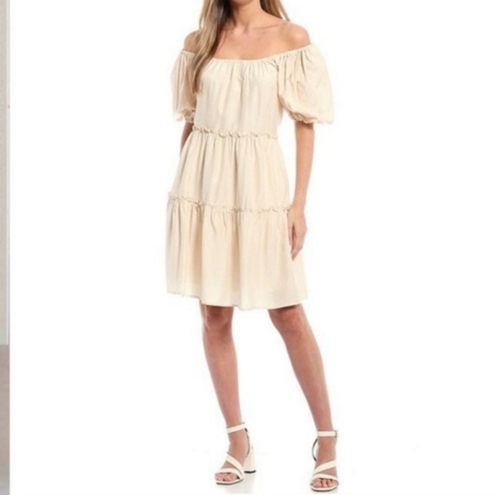 Antonio Melani Taylynn Off Shoulder Dress Sz M Beige Striped Tiered Puff Sleeves